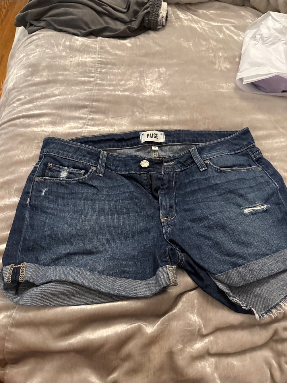PAIGE Dark Blue Distressed Roll-Cuff Denim Shorts